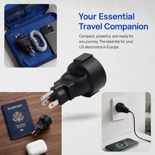 Alt view image 5 of 7 - US to Europe Adapter USA NEMA 5-15 to Europe Schuko Female | 5-15P to Europe Schuko Female,16A 110-250V,premium PVC & metal materia,for travel and household daily power conversion