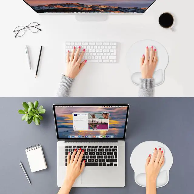 Alt view image 2 of 7 - Ergonomic Mouse Pad with Wider Memory Foam Wrist Rest +17% - Curved Cushion Reduces Pressure 20%, Pain Relief, Non-Slip, Smooth, Cute Colors, 9.85 x 9 in, White