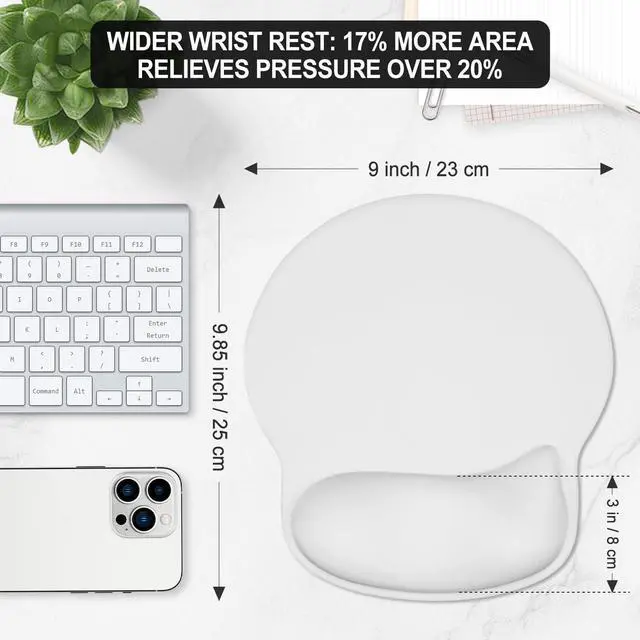 Alt view image 6 of 7 - Ergonomic Mouse Pad with Wider Memory Foam Wrist Rest +17% - Curved Cushion Reduces Pressure 20%, Pain Relief, Non-Slip, Smooth, Cute Colors, 9.85 x 9 in, White