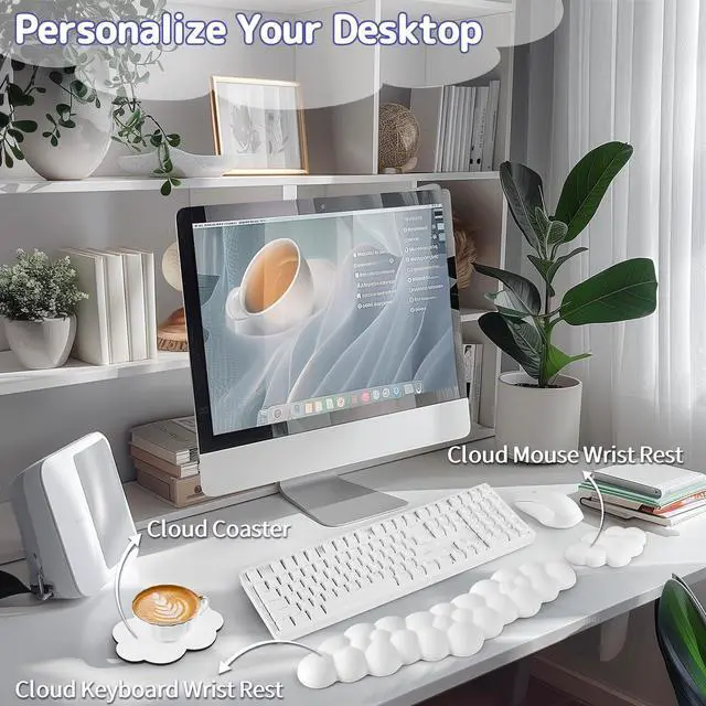 Alt view image 2 of 7 - Cloud Wrist Rest for Keyboard and Mouse, Cloud Keyboard Wrist Rest | White, Memory Foam, Non-Slip PU Base, Leather, Ergonomic Support, Cute Arm Rest Pad & Palm Cushion, Office Desk Accessory