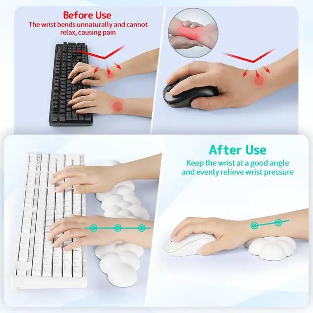 Alt view image 3 of 7 - Cloud Wrist Rest for Keyboard and Mouse, Cloud Keyboard Wrist Rest | White, Memory Foam, Non-Slip PU Base, Leather, Ergonomic Support, Cute Arm Rest Pad & Palm Cushion, Office Desk Accessory