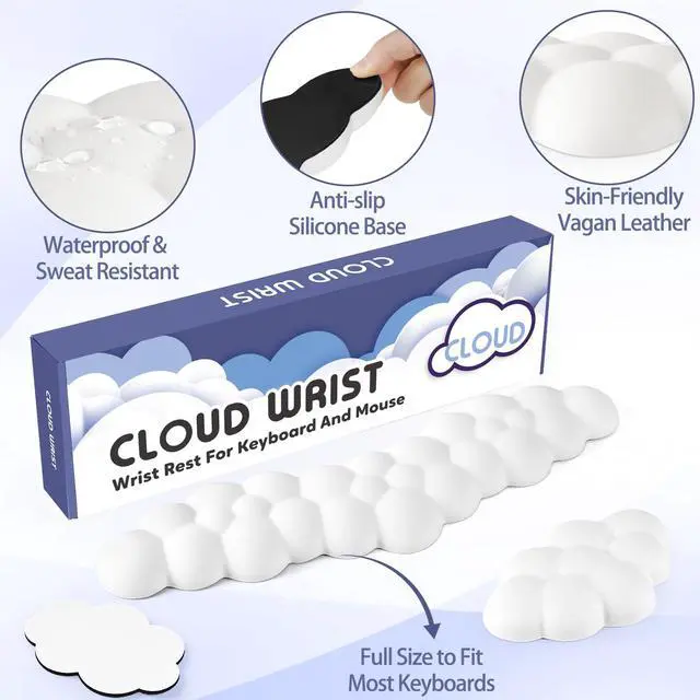 Alt view image 5 of 7 - Cloud Wrist Rest for Keyboard and Mouse, Cloud Keyboard Wrist Rest | White, Memory Foam, Non-Slip PU Base, Leather, Ergonomic Support, Cute Arm Rest Pad & Palm Cushion, Office Desk Accessory
