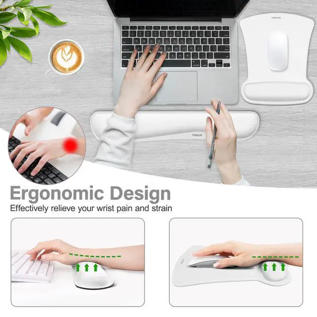 Alt view image 3 of 7 - Wrist Rest Support for Mouse Pad & Keyboard Set, White | Ergonomic Mousepad Non-Slip Base Home/Office Pain Relief & Easy Typing Cushion with Neoprene Cloth & Raised Memory Foam