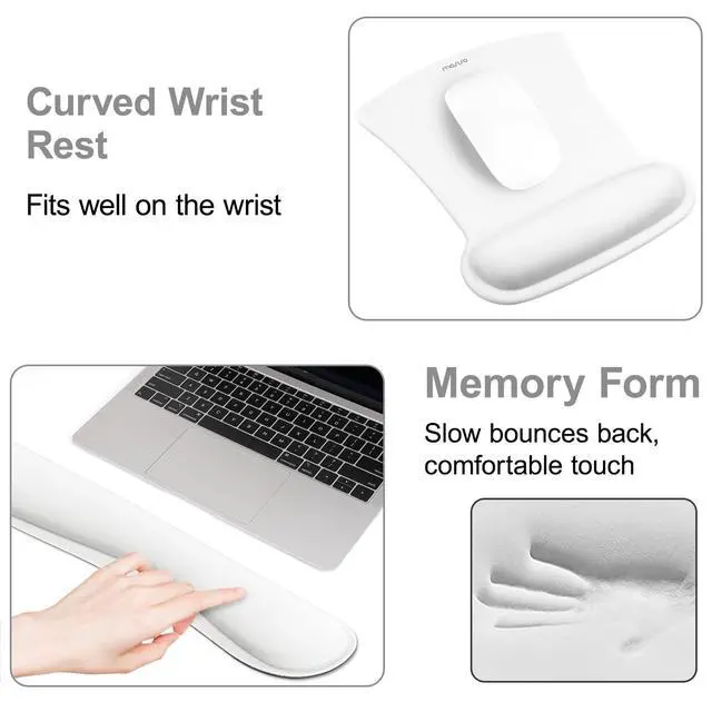 Alt view image 5 of 7 - Wrist Rest Support for Mouse Pad & Keyboard Set, White | Ergonomic Mousepad Non-Slip Base Home/Office Pain Relief & Easy Typing Cushion with Neoprene Cloth & Raised Memory Foam