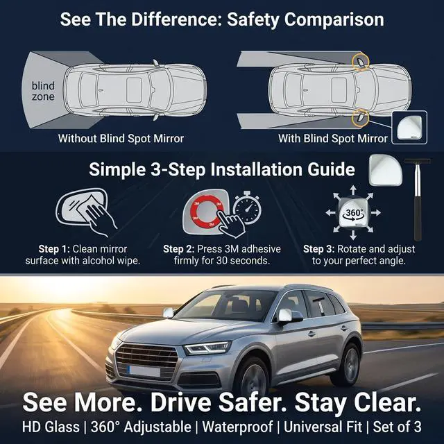 Alt view image 4 of 7 - Blind Spot Mirror for Cars with Windshield Squeegee, HD Glass, Fan Shape, Wide Angle Convex, 360° Adjustable, Stick-On, for Car SUV Truck Van RV, Set of 3
