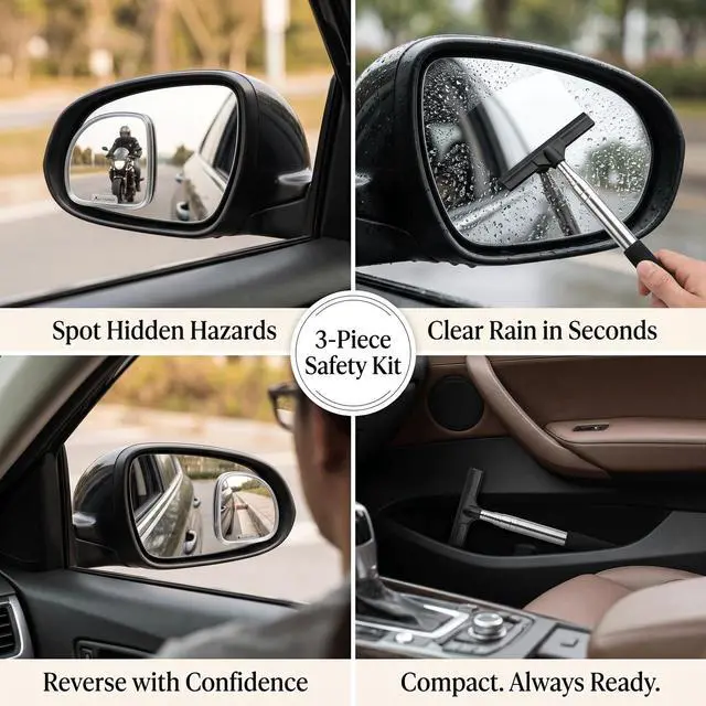 Alt view image 5 of 7 - Blind Spot Mirror for Cars with Windshield Squeegee, HD Glass, Fan Shape, Wide Angle Convex, 360° Adjustable, Stick-On, for Car SUV Truck Van RV, Set of 3
