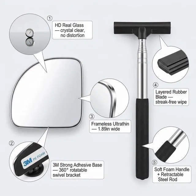 Alt view image 7 of 7 - Blind Spot Mirror for Cars with Windshield Squeegee, HD Glass, Fan Shape, Wide Angle Convex, 360° Adjustable, Stick-On, for Car SUV Truck Van RV, Set of 3