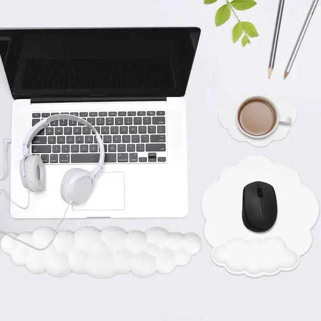 Alt view image 2 of 7 - Ergonomic Cloud Mouse Pad & Keyboard Wrist Rest & Cup Pad, White | Cute Cloud Shape, Comfortable Memory Foam Cushioning for Pain Relief, Smooth and Durable Leather Surface, Non-Slip PU Base