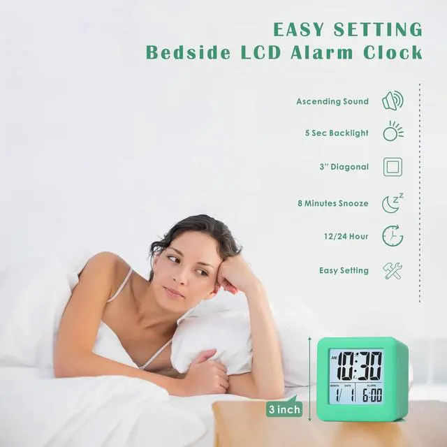 Alt view image 2 of 7 - Digital Alarm Clock Kids Clock with Snooze and White Nightlight - Easy Setting Travel Alarm Clocks Display Time, Date, Alarm - Ascending Sound - Battery Powered (Cyan)