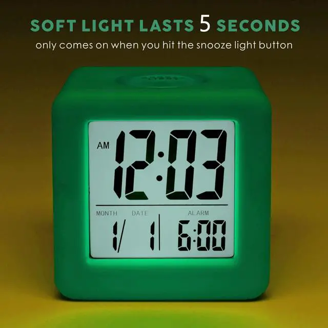 Alt view image 3 of 7 - Digital Alarm Clock Kids Clock with Snooze and White Nightlight - Easy Setting Travel Alarm Clocks Display Time, Date, Alarm - Ascending Sound - Battery Powered (Cyan)