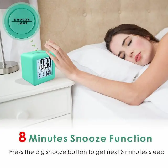 Alt view image 4 of 7 - Digital Alarm Clock Kids Clock with Snooze and White Nightlight - Easy Setting Travel Alarm Clocks Display Time, Date, Alarm - Ascending Sound - Battery Powered (Cyan)