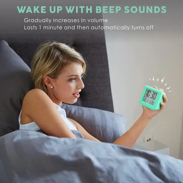 Alt view image 5 of 7 - Digital Alarm Clock Kids Clock with Snooze and White Nightlight - Easy Setting Travel Alarm Clocks Display Time, Date, Alarm - Ascending Sound - Battery Powered (Cyan)