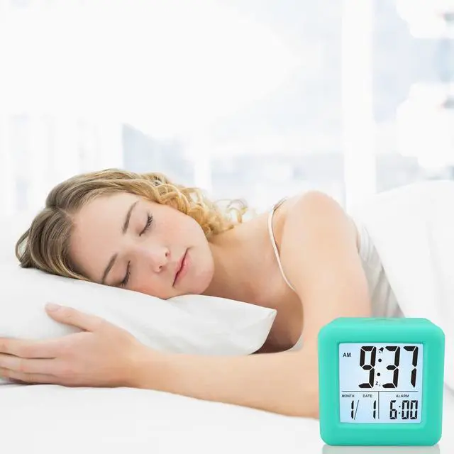 Alt view image 7 of 7 - Digital Alarm Clock Kids Clock with Snooze and White Nightlight - Easy Setting Travel Alarm Clocks Display Time, Date, Alarm - Ascending Sound - Battery Powered (Cyan)