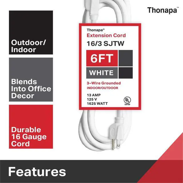 Alt view image 2 of 5 - 16 Gauge Extension Cord 6 Ft Outdoor - 16/3 Heavy Duty, Lighted End | SJTW White Cable, 3 Prong, Grounded Plug, 2 Pack, For Job Sites, Garden & Major Appliances