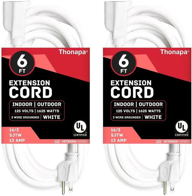 Main image of 16 Gauge Extension Cord 6 Ft Outdoor - 16/3 Heavy Duty, Lighted End | SJTW White Cable, 3 Prong, Grounded Plug, 2 Pack, For Job Sites, Garden & Major Appliances
