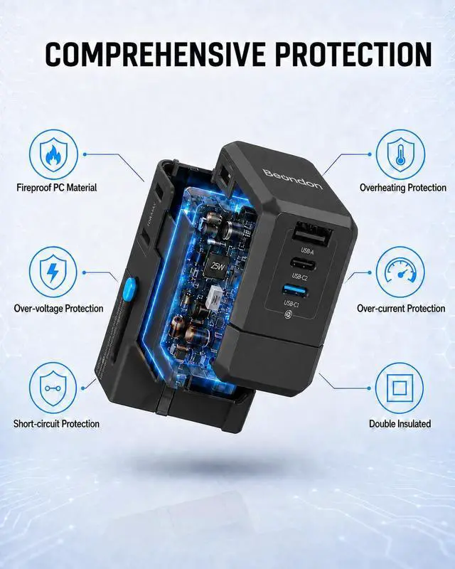Alt view image 3 of 7 - Universal Travel Adapter, 25W USB-C Charger, US UK EU AU Plugs | Worldwide plug adapter with 25W USB-C PD, USB-A and AC outlet for international travel, hotels and study abroad.