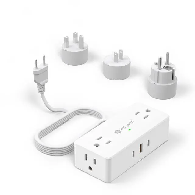 Main image of European Travel Plug Adapter, EU/UK/JP Plug Adapter, 4 AC Outlets, 3 USB Ports (2 USB C), 5ft Flat Extension Cord, Compact for Travel