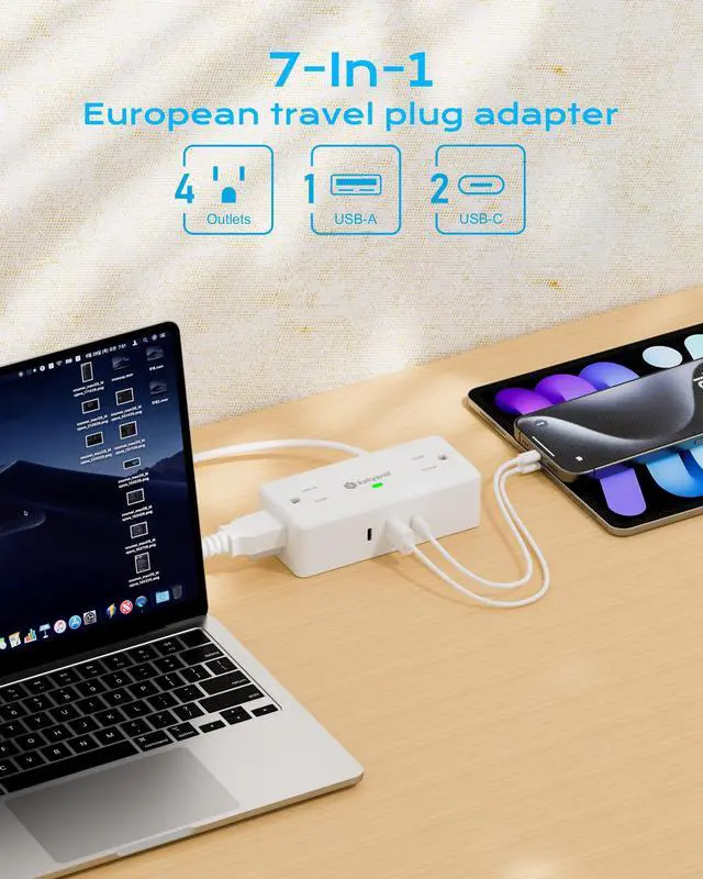 Alt view image 4 of 7 - European Travel Plug Adapter, EU/UK/JP Plug Adapter, 4 AC Outlets, 3 USB Ports (2 USB C), 5ft Flat Extension Cord, Compact for Travel