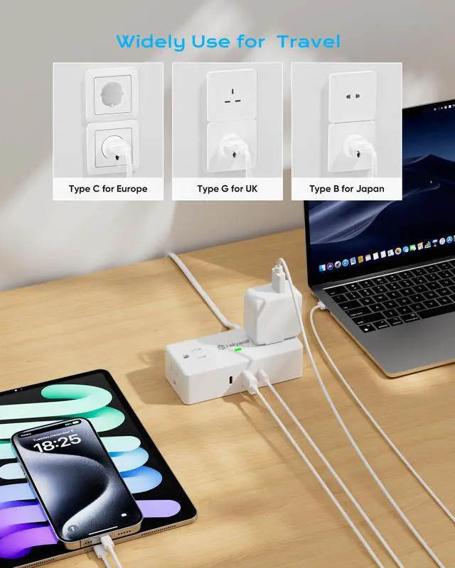 Alt view image 5 of 7 - European Travel Plug Adapter, EU/UK/JP Plug Adapter, 4 AC Outlets, 3 USB Ports (2 USB C), 5ft Flat Extension Cord, Compact for Travel