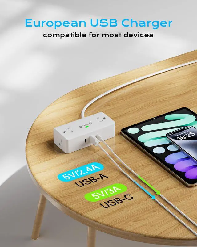 Alt view image 6 of 7 - European Travel Plug Adapter, EU/UK/JP Plug Adapter, 4 AC Outlets, 3 USB Ports (2 USB C), 5ft Flat Extension Cord, Compact for Travel