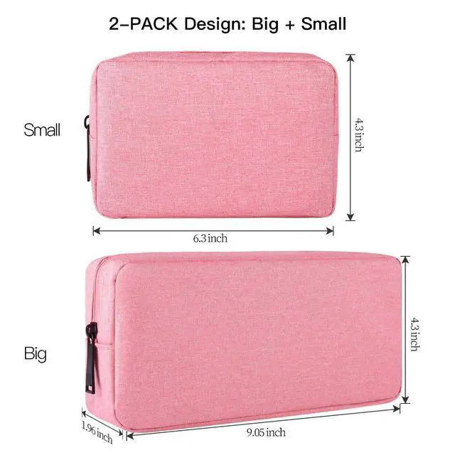 Alt view image 2 of 7 - 2-PACK Accessories Bag for Women Ladies Travel Organizer, Big+Small Portable Storage Bag Pouch Electronics Accessories Carrying Case Cosmetic Bag for Hard Drive, Mouse, Cable, Adapter, Cellphone, Pink