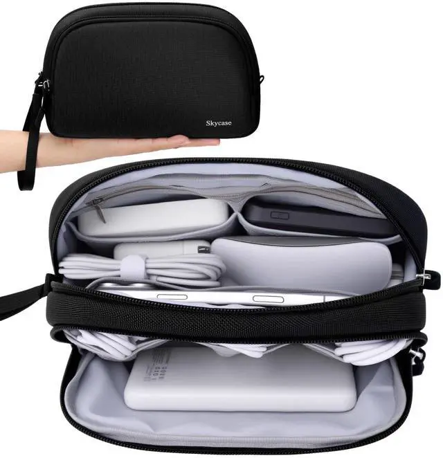 Main image of Travel Electronics Organizer, Lightweight Water Resistant DualLayer Tech Pouch with Wrist Strap, 9 Compartments Cable Organizer for Essentials, Travel Case for Charger Cord, Hard Drive