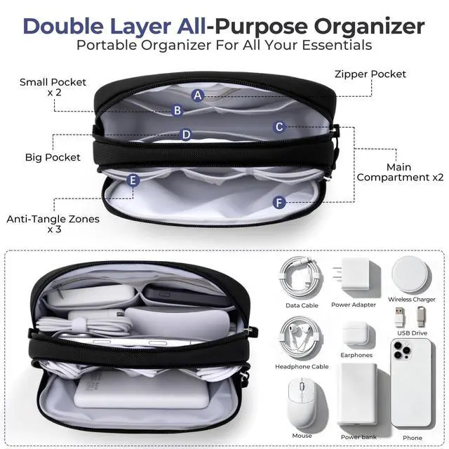 Alt view image 2 of 7 - Travel Electronics Organizer, Lightweight Water Resistant DualLayer Tech Pouch with Wrist Strap, 9 Compartments Cable Organizer for Essentials, Travel Case for Charger Cord, Hard Drive