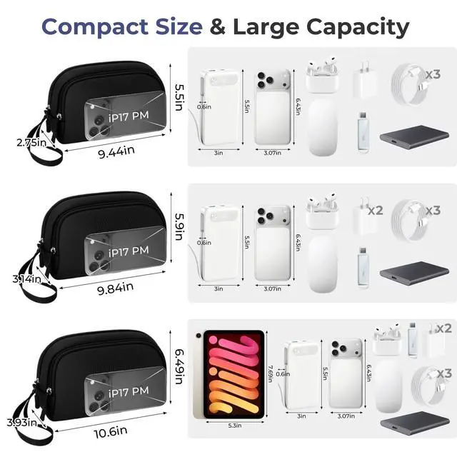 Alt view image 3 of 7 - Travel Electronics Organizer, Lightweight Water Resistant DualLayer Tech Pouch with Wrist Strap, 9 Compartments Cable Organizer for Essentials, Travel Case for Charger Cord, Hard Drive