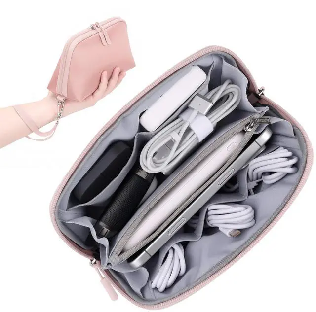 Main image of Travel Cable Organizer - 8 Compartments, Lightweight, Water Repellent | With Wrist Strap, Portable Tech Pouch for Cord Charger, Travel and Business Trips Use, Soft Shell Nylon, Pink (Small)