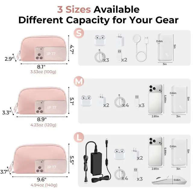 Alt view image 3 of 7 - Travel Cable Organizer - 8 Compartments, Lightweight, Water Repellent | With Wrist Strap, Portable Tech Pouch for Cord Charger, Travel and Business Trips Use, Soft Shell Nylon, Pink (Small)