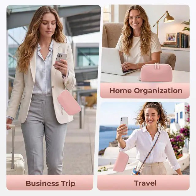Alt view image 7 of 7 - Travel Cable Organizer - 8 Compartments, Lightweight, Water Repellent | With Wrist Strap, Portable Tech Pouch for Cord Charger, Travel and Business Trips Use, Soft Shell Nylon, Pink (Small)