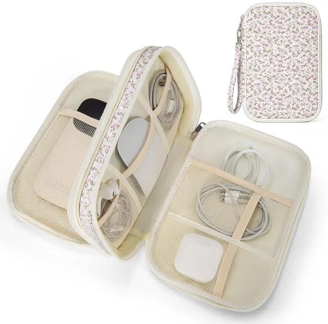 Main image of Quilted Travel Cable Organizer Pouch, Portable Electronic Accessories Carry Case, Double Layer All-in-One Storage Bag for Chargers, Cords, Phone, Gadgets (Pink Floral, M)