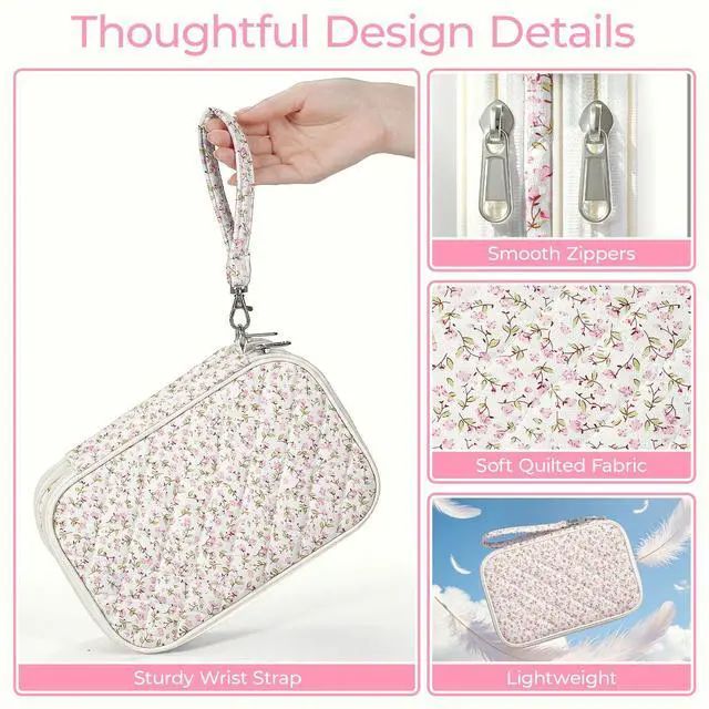 Alt view image 4 of 6 - Quilted Travel Cable Organizer Pouch, Portable Electronic Accessories Carry Case, Double Layer All-in-One Storage Bag for Chargers, Cords, Phone, Gadgets (Pink Floral, M)
