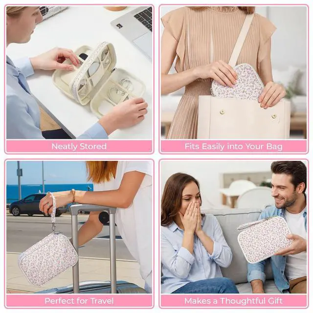 Alt view image 6 of 6 - Quilted Travel Cable Organizer Pouch, Portable Electronic Accessories Carry Case, Double Layer All-in-One Storage Bag for Chargers, Cords, Phone, Gadgets (Pink Floral, M)