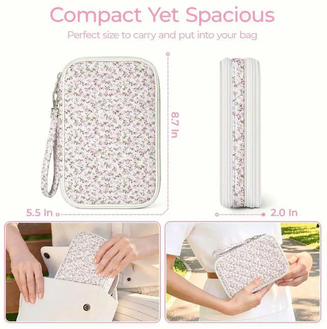 Alt view image 2 of 6 - Quilted Travel Cable Organizer Pouch, Portable Electronic Accessories Carry Case, Double Layer All-in-One Storage Bag for Chargers, Cords, Phone, Gadgets (Pink Floral, M)