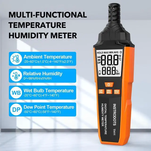 Alt view image 2 of 7 - Temperature Humidity Meter, High Precision Digital Hygrometer with Ambient, Dew Point, Wet Bulb Temperature for Indoor Outdoor, Thermometer with Min/Max, Data Hold, LCD Backlight, TH11