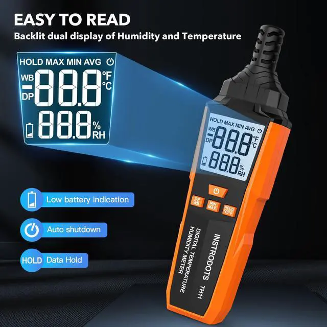 Alt view image 4 of 7 - Temperature Humidity Meter, High Precision Digital Hygrometer with Ambient, Dew Point, Wet Bulb Temperature for Indoor Outdoor, Thermometer with Min/Max, Data Hold, LCD Backlight, TH11