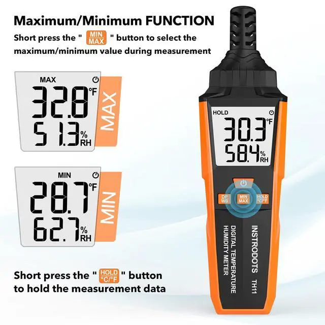 Alt view image 5 of 7 - Temperature Humidity Meter, High Precision Digital Hygrometer with Ambient, Dew Point, Wet Bulb Temperature for Indoor Outdoor, Thermometer with Min/Max, Data Hold, LCD Backlight, TH11