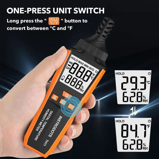 Alt view image 6 of 7 - Temperature Humidity Meter, High Precision Digital Hygrometer with Ambient, Dew Point, Wet Bulb Temperature for Indoor Outdoor, Thermometer with Min/Max, Data Hold, LCD Backlight, TH11