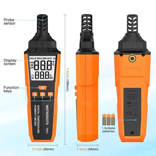Alt view image 7 of 7 - Temperature Humidity Meter, High Precision Digital Hygrometer with Ambient, Dew Point, Wet Bulb Temperature for Indoor Outdoor, Thermometer with Min/Max, Data Hold, LCD Backlight, TH11