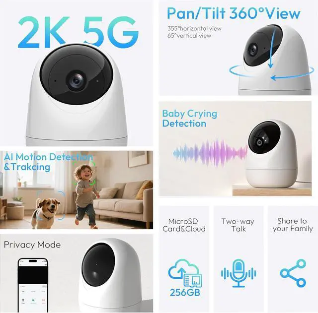Alt view image 2 of 7 - 2Pack Indoor Security Camera 5G/2.4 GHz Wi-Fi, Baby & Pet Monitor | 360° PTZ, Motion Detection & Tracking,Human/Motion/Sound Detection,2-Way Talk, Night Vision, Works/Alexa,SD/Cloud