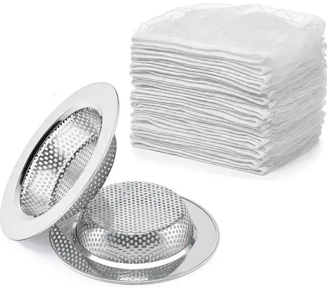 Main image of 300 Pack Kitchen Sink Strainer Mesh Bags with 2 Pcs Strainer Stainless Steel, Disposable Elastic Food Waste Collector, Anti-Clogging Disposable Sink Drain Covers, Kitchen Essentials Sink Filter Nets