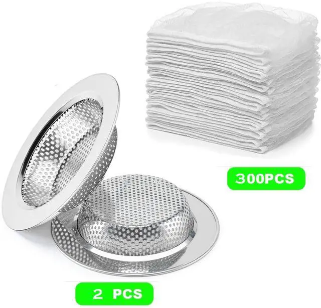 Alt view image 2 of 6 - 300 Pack Kitchen Sink Strainer Mesh Bags with 2 Pcs Strainer Stainless Steel, Disposable Elastic Food Waste Collector, Anti-Clogging Disposable Sink Drain Covers, Kitchen Essentials Sink Filter Nets