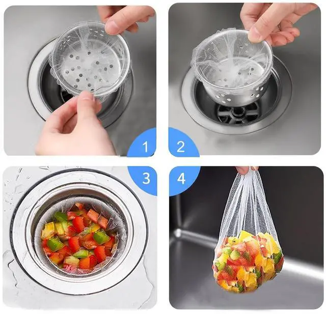 Alt view image 5 of 6 - 300 Pack Kitchen Sink Strainer Mesh Bags with 2 Pcs Strainer Stainless Steel, Disposable Elastic Food Waste Collector, Anti-Clogging Disposable Sink Drain Covers, Kitchen Essentials Sink Filter Nets