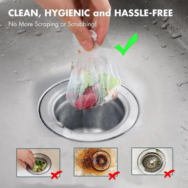 Alt view image 6 of 6 - 300 Pack Kitchen Sink Strainer Mesh Bags with 2 Pcs Strainer Stainless Steel, Disposable Elastic Food Waste Collector, Anti-Clogging Disposable Sink Drain Covers, Kitchen Essentials Sink Filter Nets