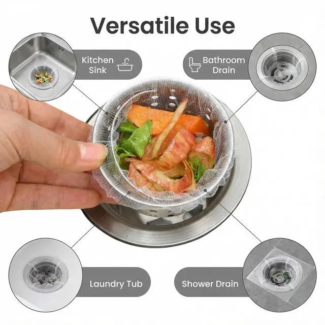 Alt view image 3 of 7 - Sink Strainer Bags, 300 Count Disposable Kitchen Sink Drain Mesh Bags | Elastic Fine Net Filter, For Food Waste, Universal Fit for Most Sink Strainers