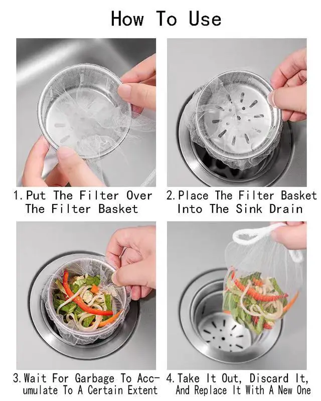 Alt view image 6 of 6 - Kitchen Sink Strainer Mesh Bag and Dispense Bagr Set Disposable Collecting Kitchen Food Waste Filter Mesh Bags for Sink Drain