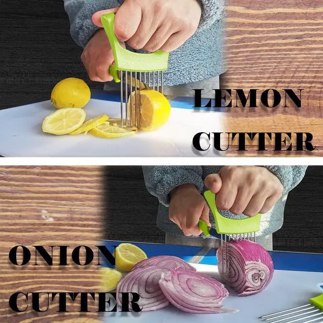 Alt view image 3 of 7 - Onion Holder for Slicing - Multi-Purpose Kitchen Tool for Safe and Efficient Slicing of Onions, Tomatoes, Potatoes, Apples, and More | Stainless Steel Vegetable Cutter & Meat Tenderizer 2 PCS