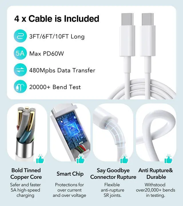 Alt view image 2 of 7 - 2-Pack 40W USB C Charger Cube, 4-Port PD+QC Fast Charging Block with 3/6/10/10FT USB C Cables, Multiport Type C Power Adapter for iPhone 17/16/15/14/13 Pro Max, Samsung S26/S25/S24 Ultra,Tablets