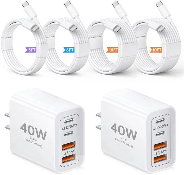 Main image of 2-Pack 40W USB C Charger Cube, 4-Port PD+QC Fast Charging Block with 3/6/10/10FT USB C Cables, Multiport Type C Power Adapter for iPhone 17/16/15/14/13 Pro Max, Samsung S26/S25/S24 Ultra,Tablets